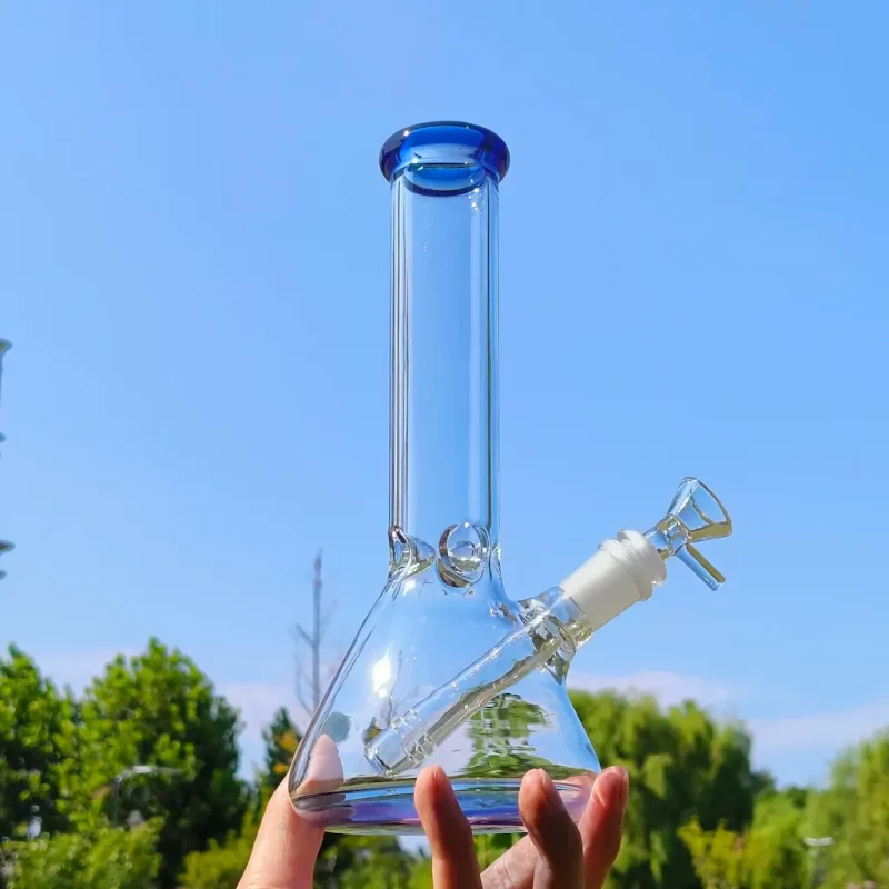 glass beaker base ice bong with blue accents 4mm 9 5 inch left side view