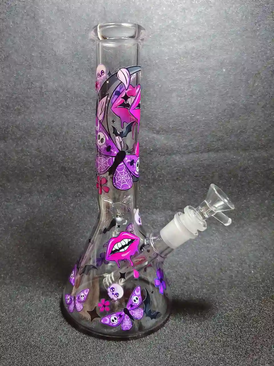 Gothic Lips, Butterflies & Skull Beaker Glass Bong