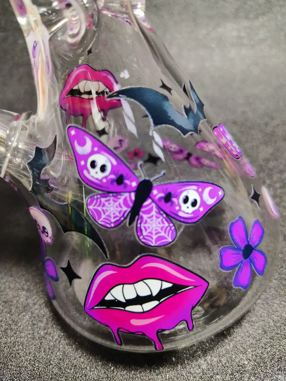 Gothic Lips, Butterflies & Skull Beaker Glass Bong