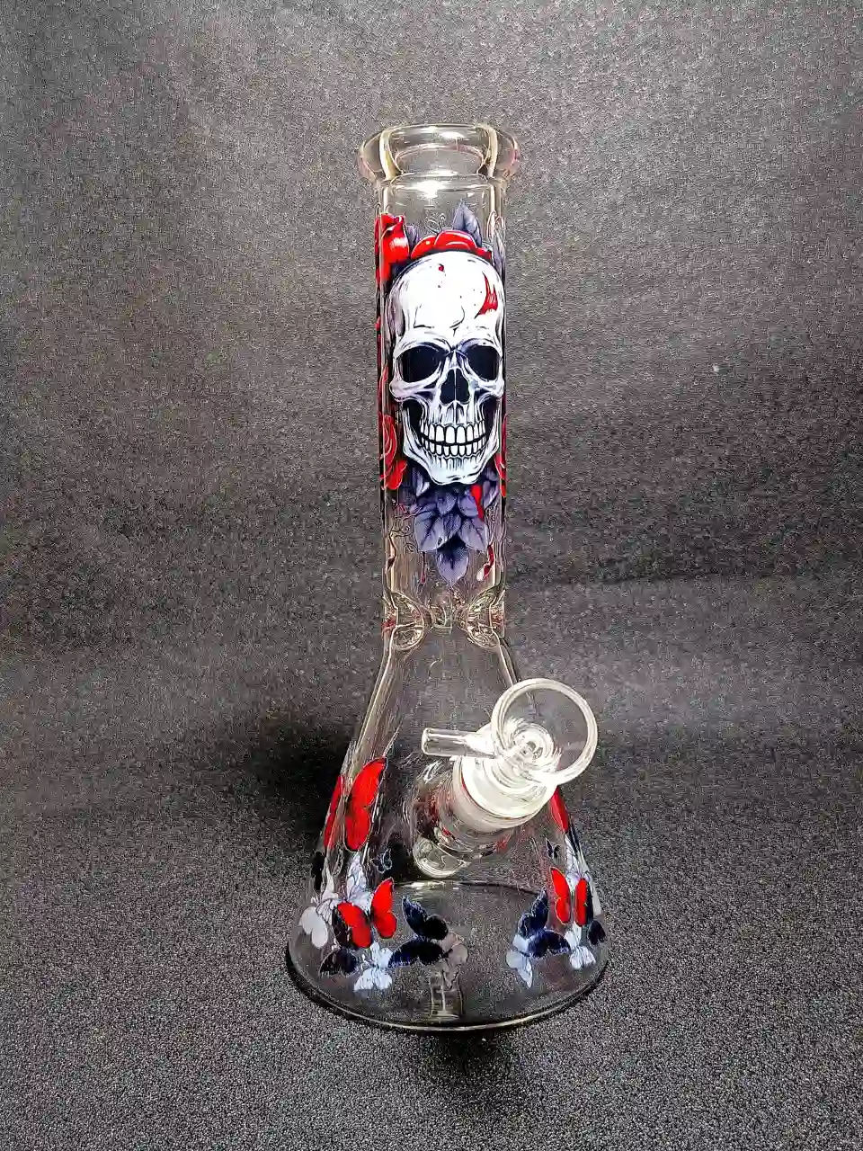 10" Gothic Skull Red Rose Dark Butterfly Borosilicate Glass Beaker Bong