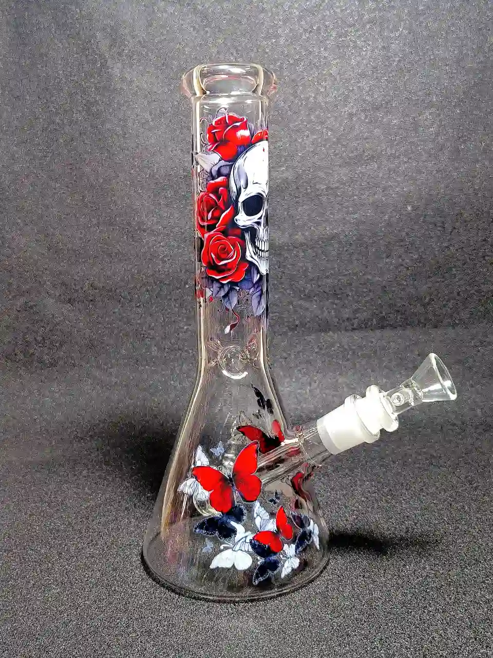 10" Gothic Skull Red Rose Dark Butterfly Borosilicate Glass Beaker Bong