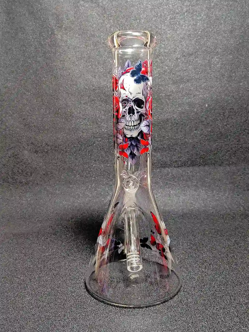 10" Gothic Skull Red Rose Dark Butterfly Borosilicate Glass Beaker Bong