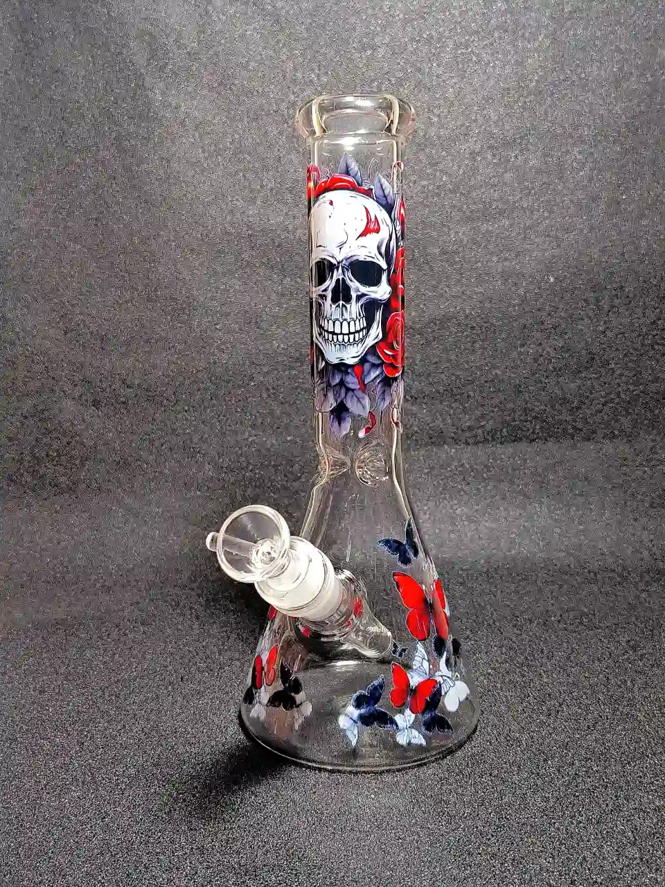 10" Gothic Skull Red Rose Dark Butterfly Borosilicate Glass Beaker Bong