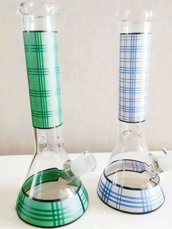 10" Green And Blue Plaid Pattern Glass Beaker Bong