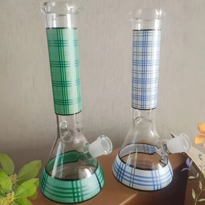 10" Green And Blue Plaid Pattern Glass Beaker Bong
