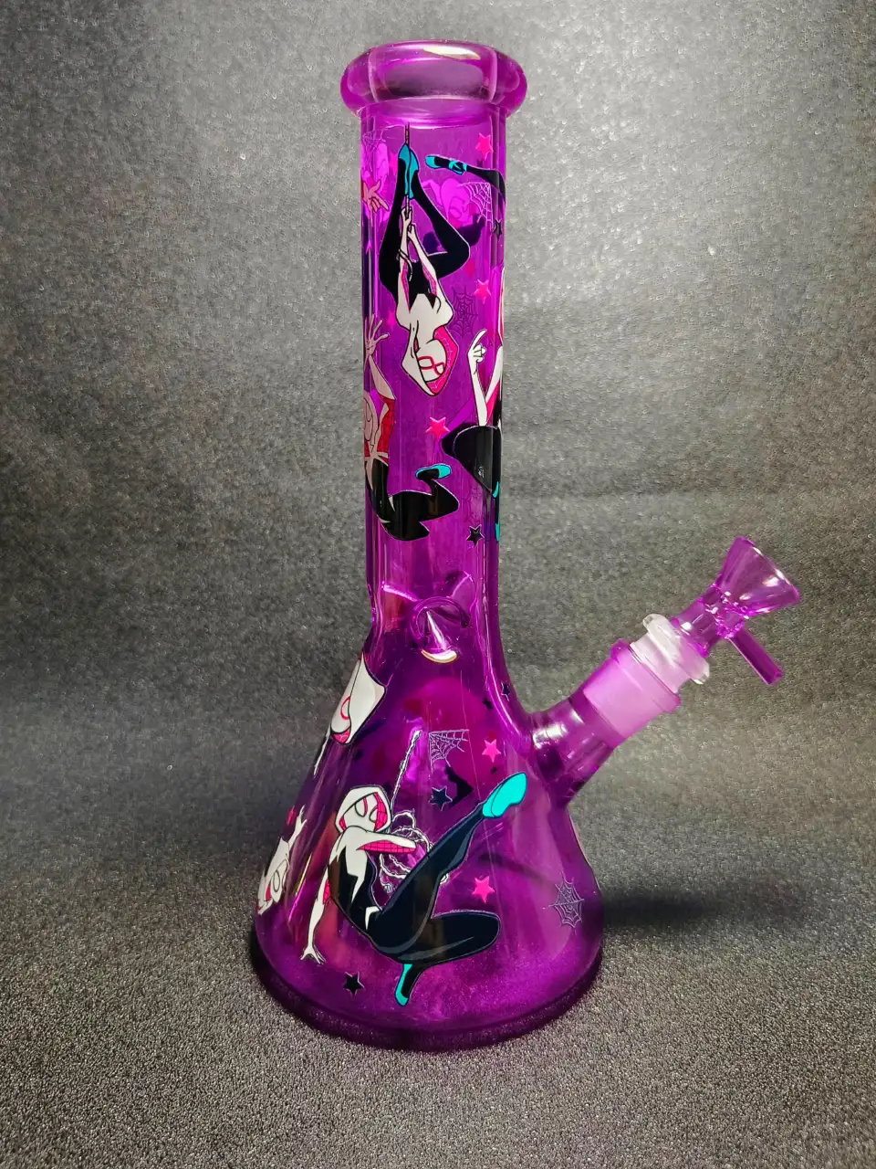 Gwen Stacy Spider-Verse Purple Hooded Suit Spider Web Beaker Glass Bong