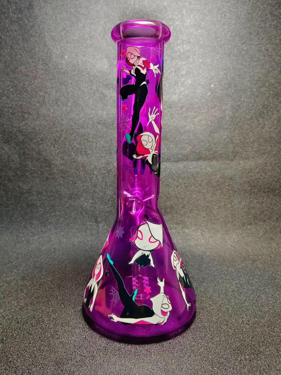 Gwen Stacy Spider-Verse Purple Hooded Suit Spider Web Beaker Glass Bong