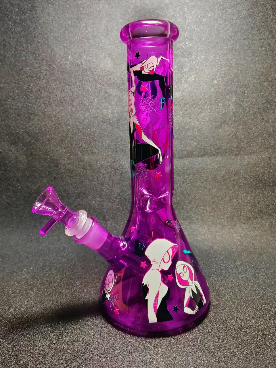 Gwen Stacy Spider-Verse Purple Hooded Suit Spider Web Beaker Glass Bong