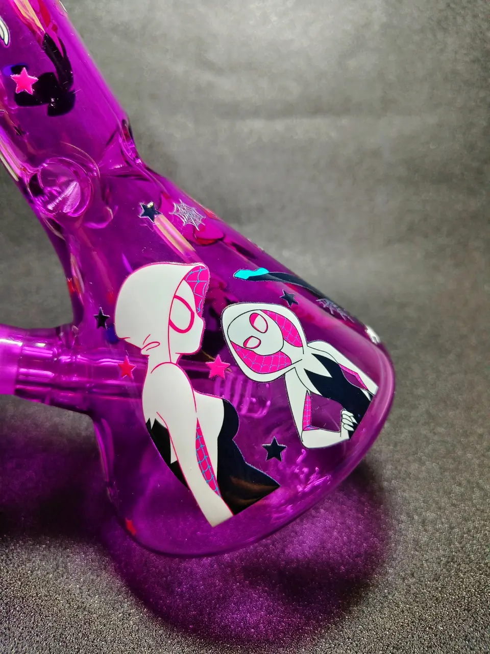 Gwen Stacy Spider-Verse Purple Hooded Suit Spider Web Beaker Glass Bong