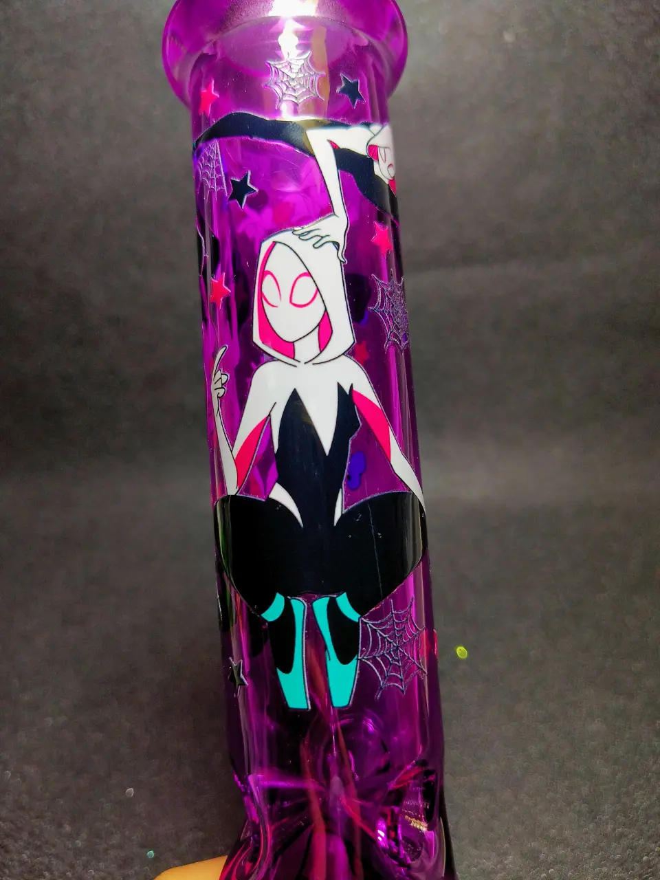 Gwen Stacy Spider-Verse Purple Hooded Suit Spider Web Beaker Glass Bong