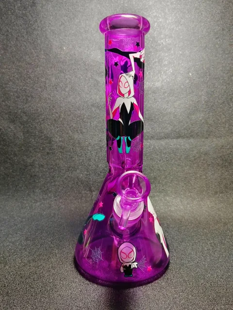 Gwen Stacy Spider-Verse Purple Hooded Suit Spider Web Beaker Glass Bong