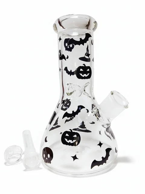 8" 5mm Halloween Glass Beaker Bong | Black Bats, Skulls & Pumpkins