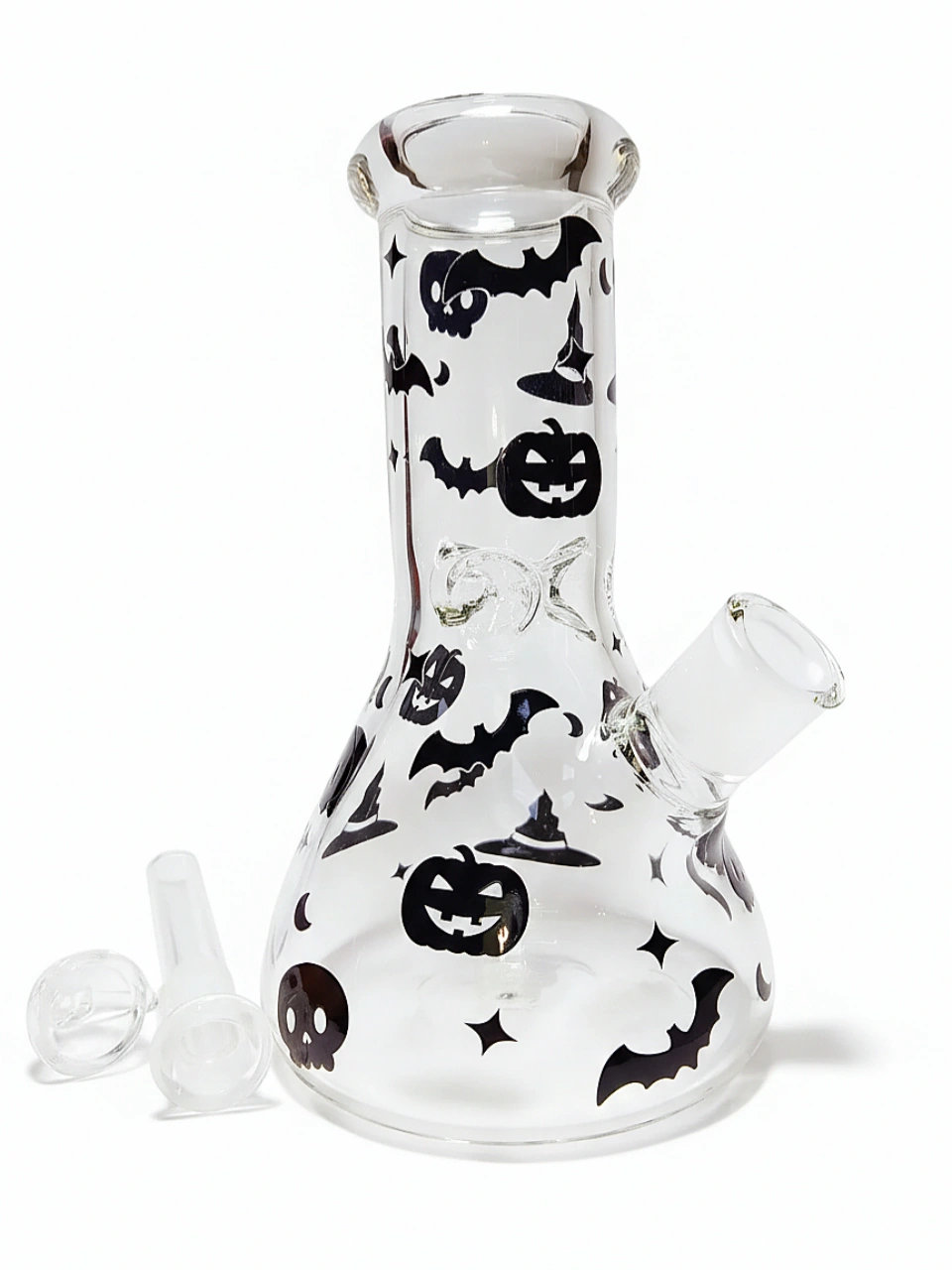 8" 5mm Halloween Glass Beaker Bong | Black Bats, Skulls & Pumpkins