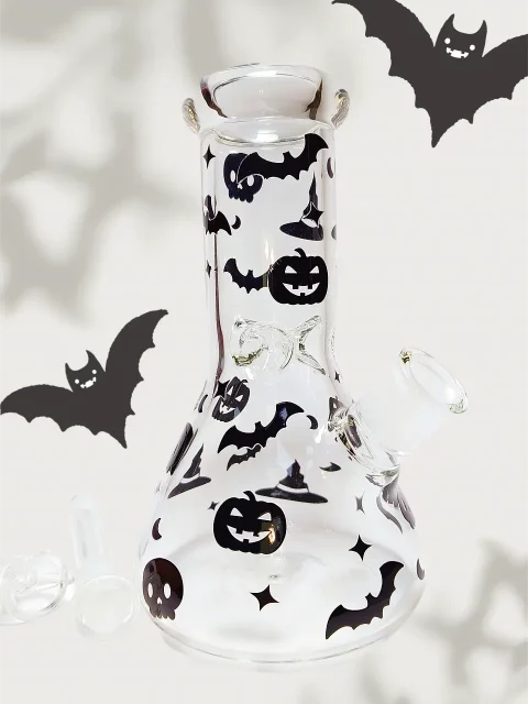 8" 5mm Halloween Glass Beaker Bong | Black Bats, Skulls & Pumpkins