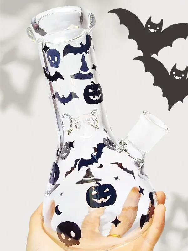 8" 5mm Halloween Glass Beaker Bong | Black Bats, Skulls & Pumpkins