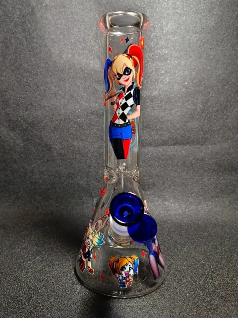 Harley Quinn DC Comics Pink Blue Pigtails Baseball Bat Chibi Beaker Glass Bong
