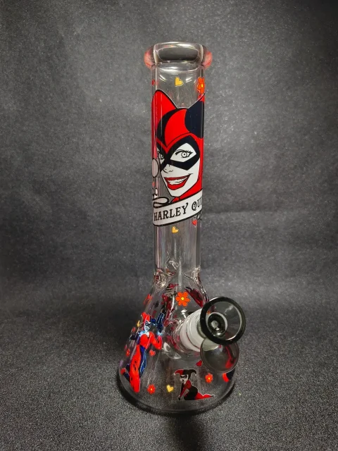 Harley Quinn Red Black Chibi Face Beaker Glass Bong