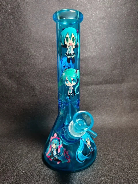 Hatsune Miku Vocaloid Chibi Green Pigtails Ice Blue Beaker Glass Bong