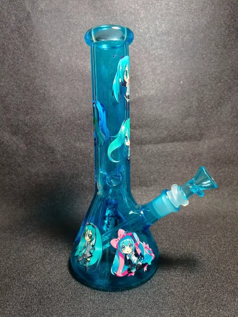 Hatsune Miku Vocaloid Chibi Green Pigtails Ice Blue Beaker Glass Bong Hatsune Miku Vocaloid Chibi Green Pigtails Ice Blue Beaker Glass Bong