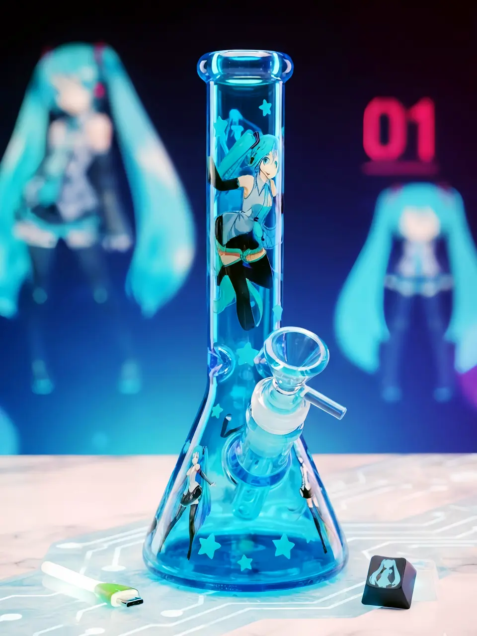 10" Hatsune Miku Virtual Diva Teal Blue Beaker Glass Bong
