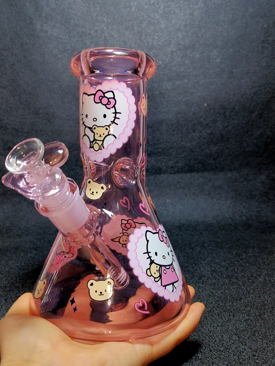 8" Hello Kitty Sanrio Pink Bear Heart Lace 5mm Borosilicate Glass Beaker Bong