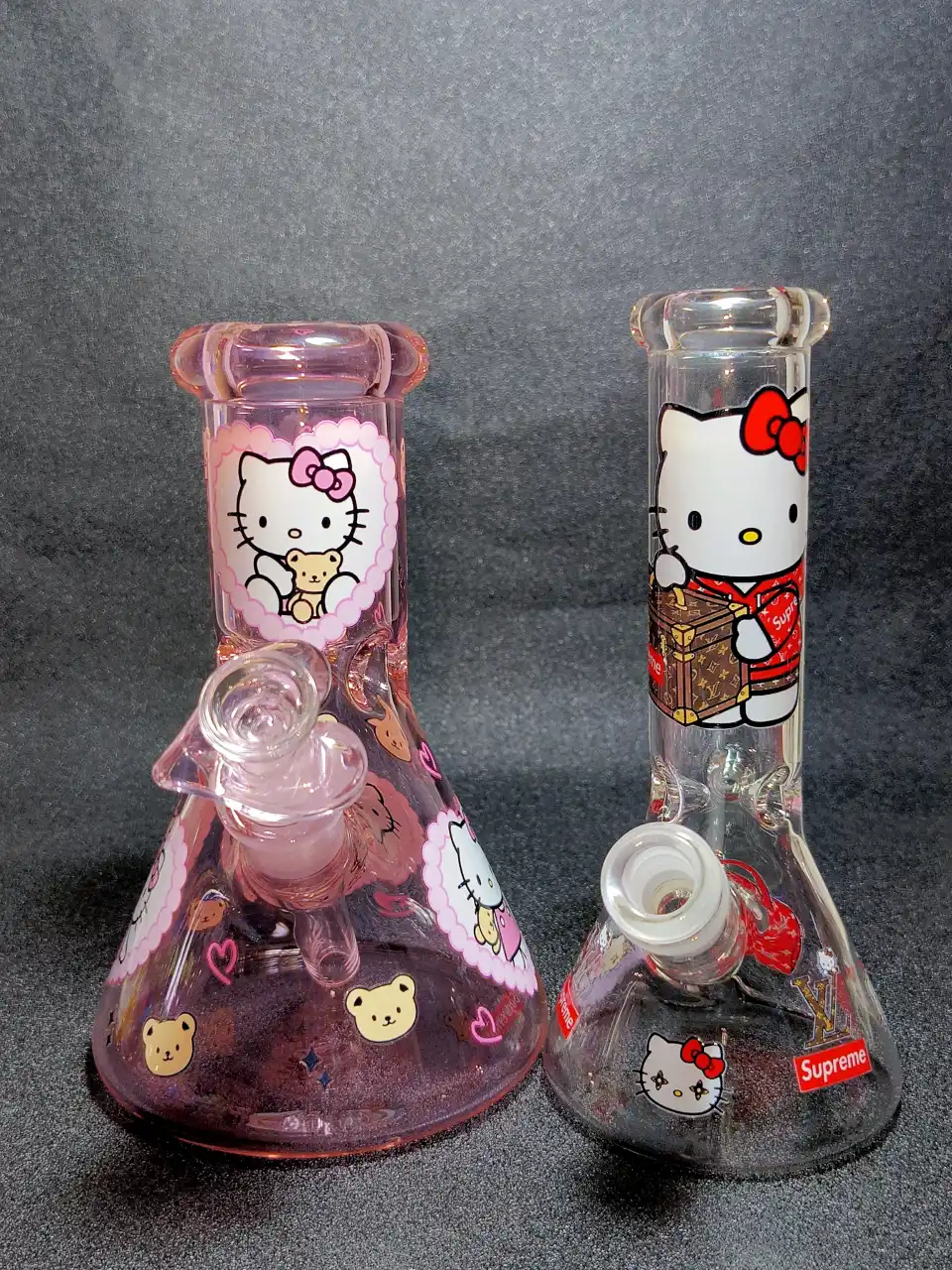 8" Hello Kitty Sanrio Pink Bear Heart Lace 5mm Borosilicate Glass Beaker Bong