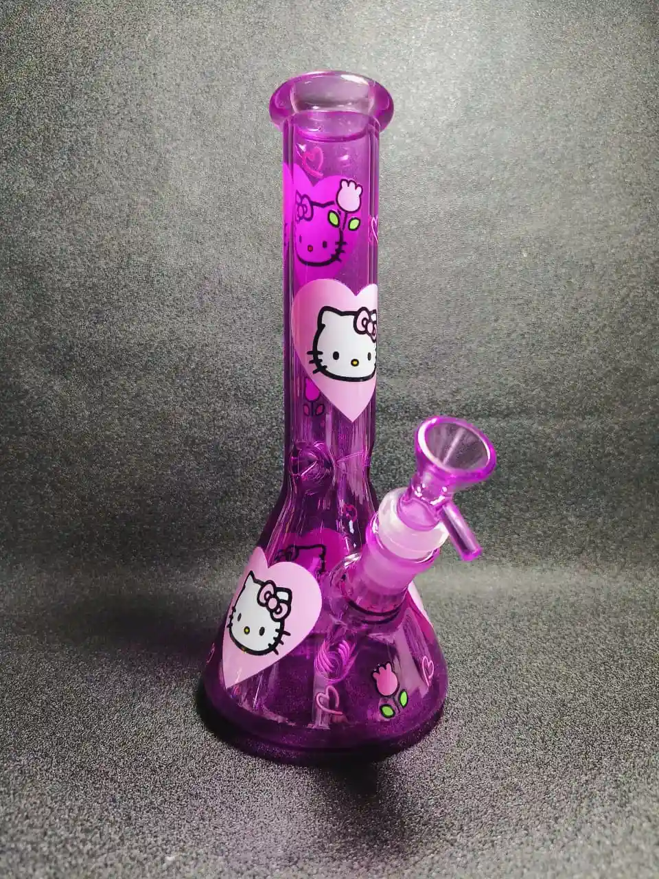 10" Hello Kitty Heart & Floral Purple Glass Beaker Bong