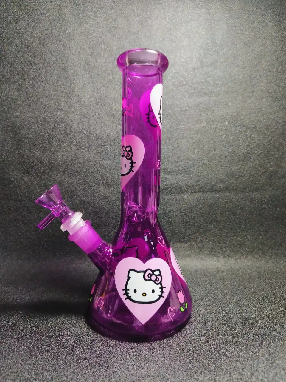 10" Hello Kitty Heart & Floral Purple Glass Beaker Bong