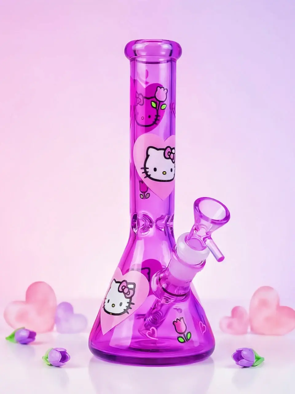 10" Hello Kitty Heart & Floral Purple Glass Beaker Bong