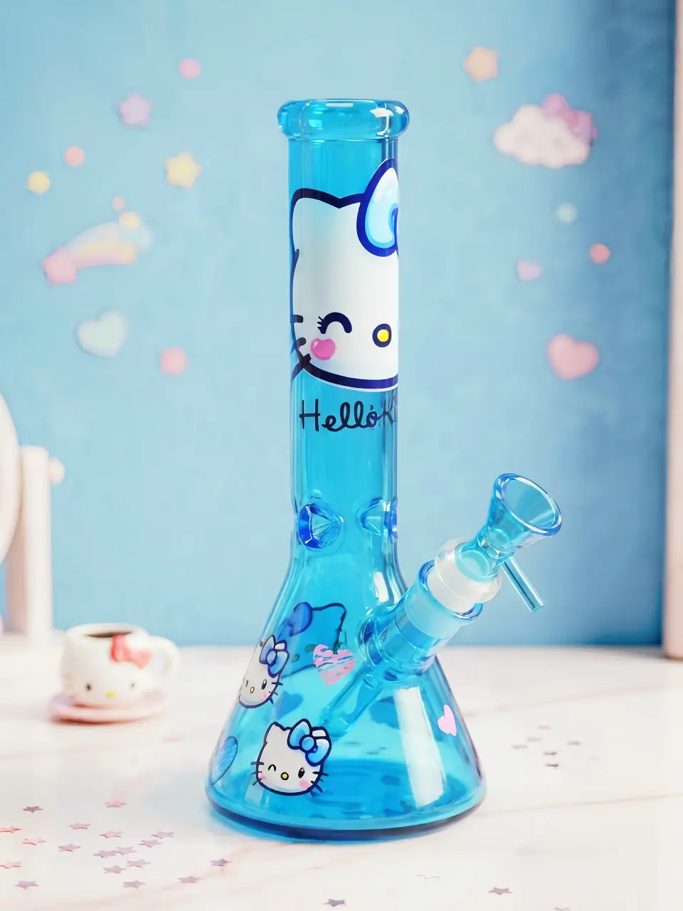 10" Ice Crystal Blue Hello Kitty Y2K Beaker Glass Bong - Image 6