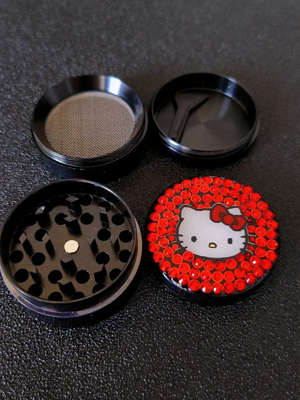 Hello Kitty Red Rhinestone Black 4-Layer Metal Grinder