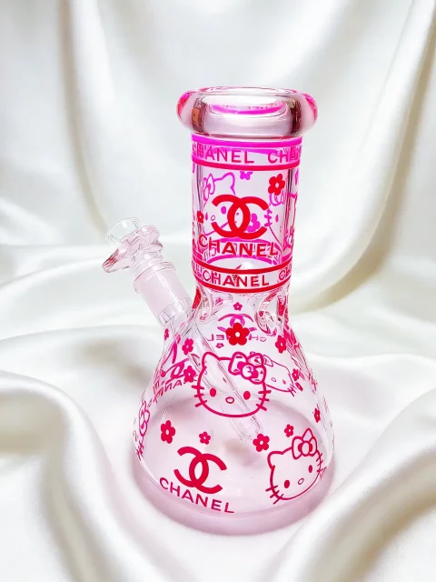 8″ 5mm Hello Kitty x Chanel Pink Beaker Glass Bong 8" 5mm Hello Kitty x Chanel Pink Beaker Glass Bong