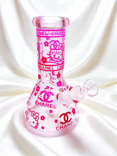 8″ 5mm Hello Kitty x Chanel Pink Beaker Glass Bong 8" 5mm Hello Kitty x Chanel Pink Beaker Glass Bong