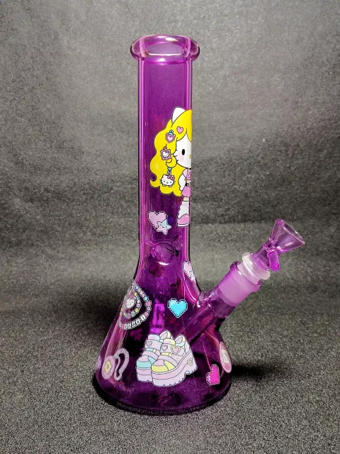 Hello Kitty Sanrio Y2K Blonde & Red Hair Tamagotchi Purple Beaker Glass Bong Hello Kitty Sanrio Y2K Blonde & Red Hair Tamagotchi Purple Beaker Glass Bong