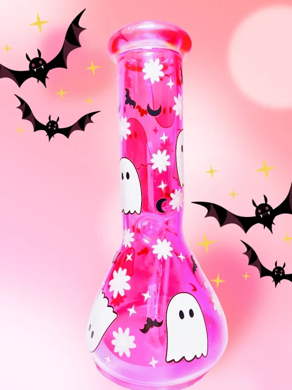 10" 5mm Hot Pink Glitter Halloween Beaker Bong | Cute & Spooky Ghost