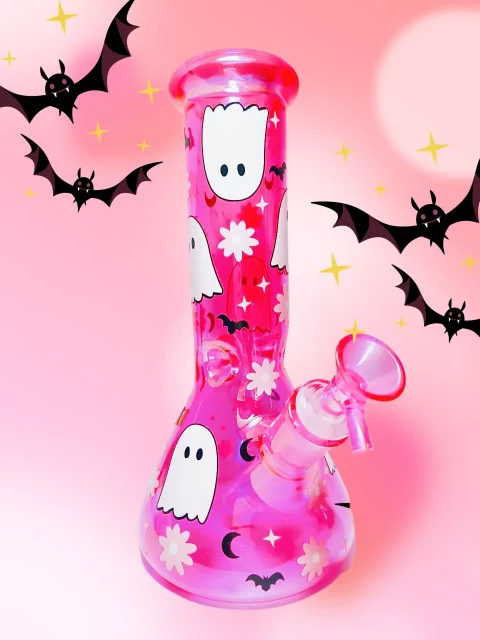 10" 5mm Hot Pink Glitter Halloween Beaker Bong | Cute & Spooky Ghost