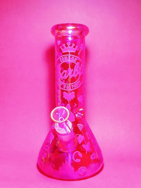 10″ 5mm Hot Pink Iridescent Bong | Barbie Logo Circle Design