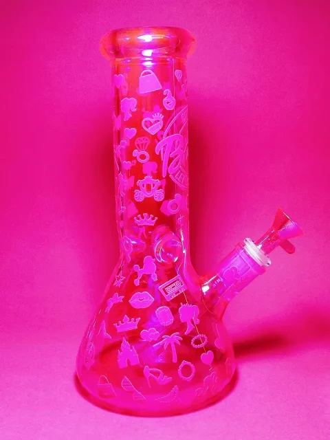 10″ 5mm Hot Pink Iridescent Bong | Barbie Logo Circle Design 10″ 5mm Hot Pink Iridescent Bong | Barbie Logo Circle Design