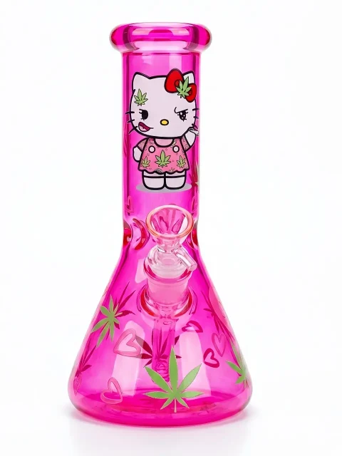 10″ Hot Pink Iridescent Leaf Hello Kitty Glass Bong