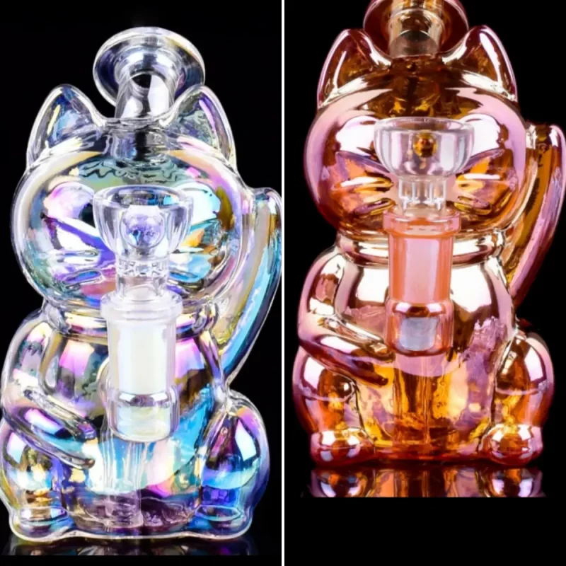 5.5" Iridescent Lucky Cat Mini Glass Bong