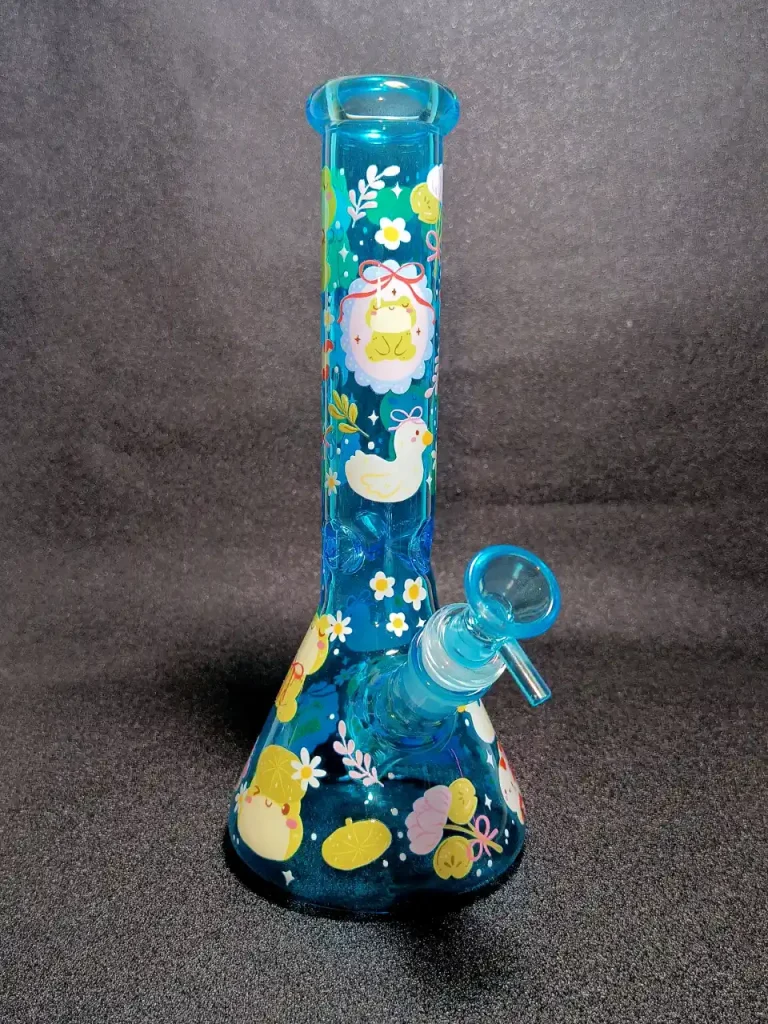 Kawaii Frog Duck Pond Lily Pads Blue Beaker Glass Bong