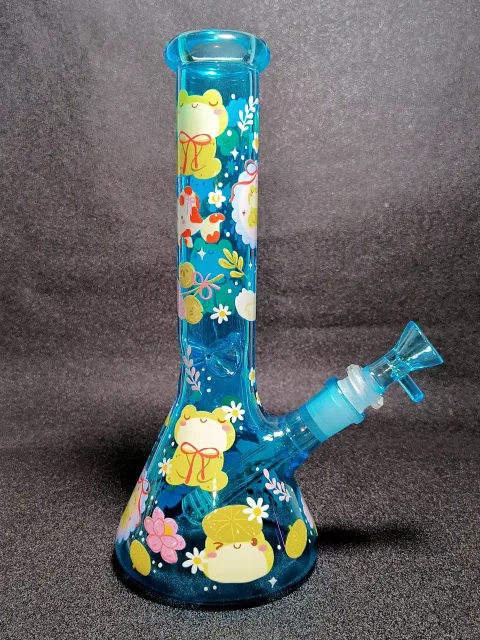 Kawaii Frog Duck Pond Lily Pads Blue Beaker Glass Bong Kawaii Frog Duck Pond Lily Pads Blue Beaker Glass Bong