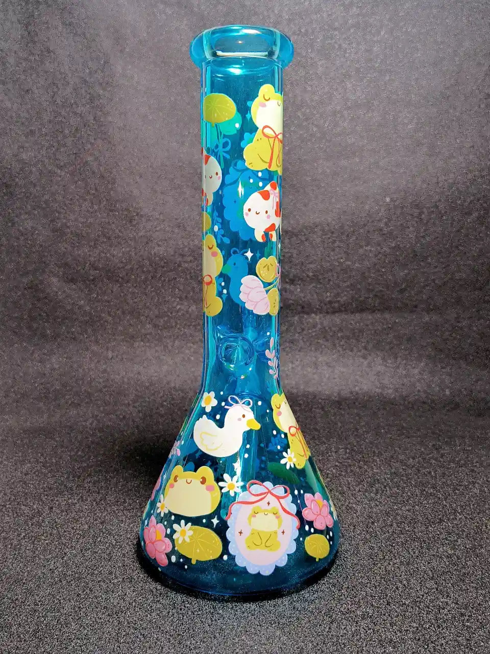 Kawaii Frog Duck Pond Lily Pads Blue Beaker Glass Bong