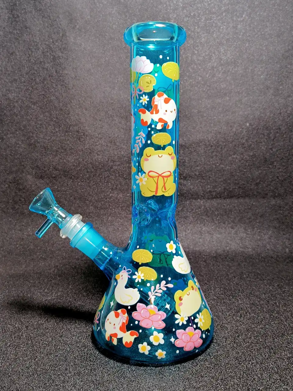 Kawaii Frog Duck Pond Lily Pads Blue Beaker Glass Bong