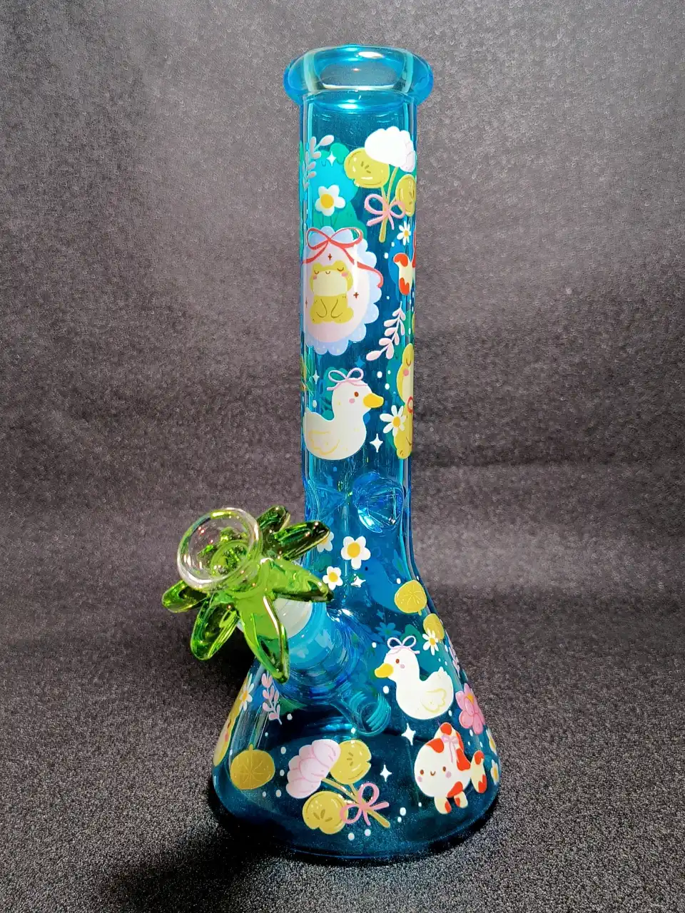 Kawaii Frog Duck Pond Lily Pads Blue Beaker Glass Bong