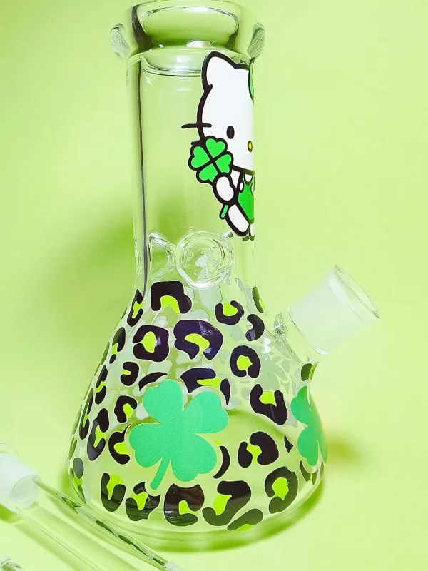 8" 5mm Lucky Kitty & Four-Leaf Clover Glass Beaker Bong