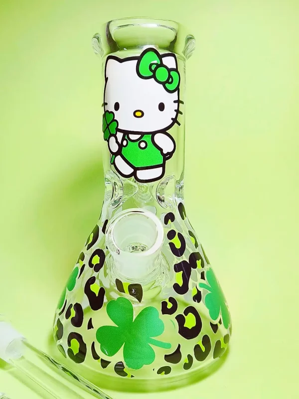 8" 5mm Lucky Kitty & Four-Leaf Clover Glass Beaker Bong