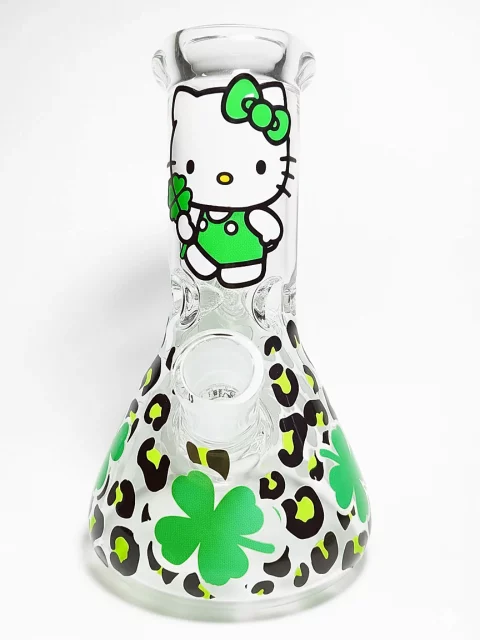 8" 5mm Lucky Kitty & Four-Leaf Clover Glass Beaker Bong