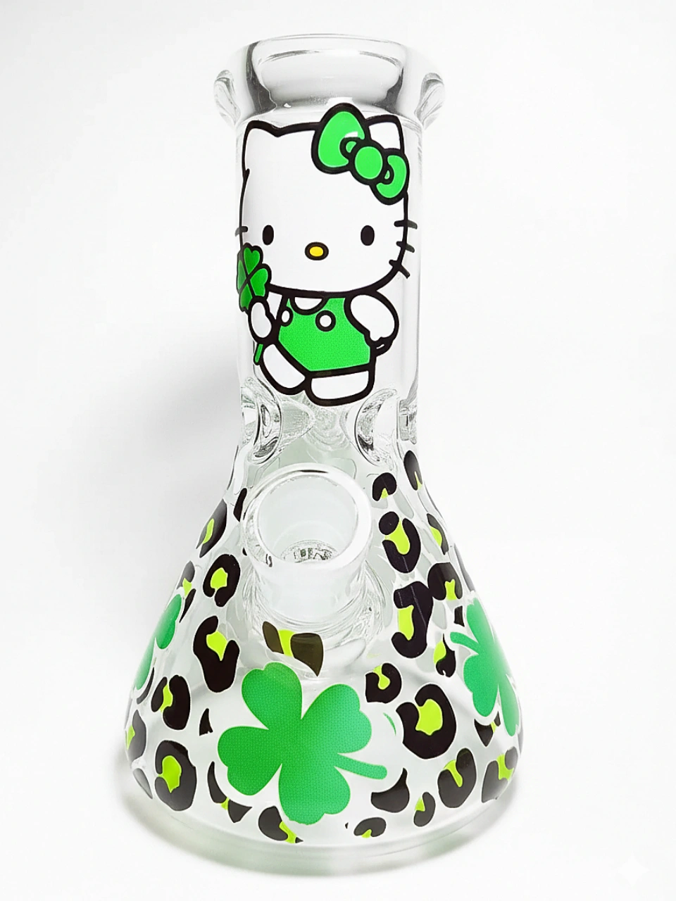 8" 5mm Lucky Kitty & Four-Leaf Clover Glass Beaker Bong