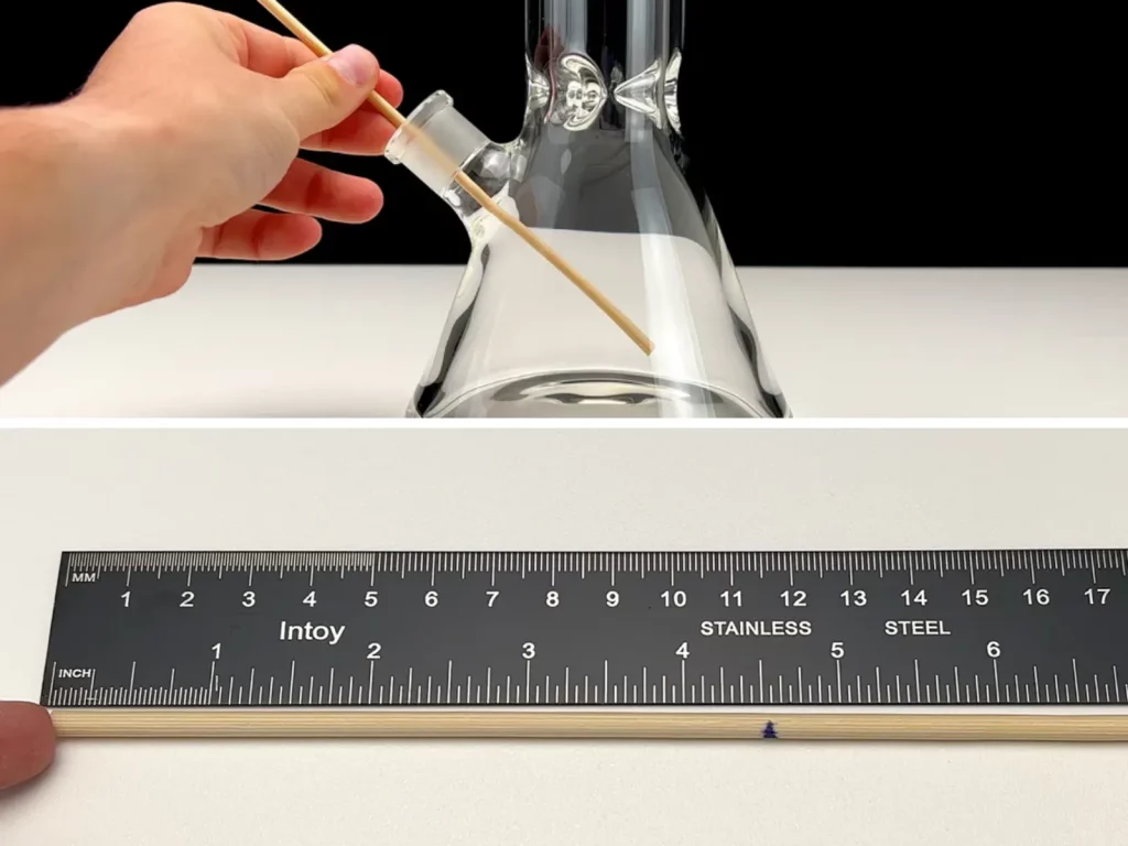 Step-by-step illustration showing how to measure downstem length with a skewer by inserting it into the bong, leaving clearance, marking the joint top, and measuring the marked length